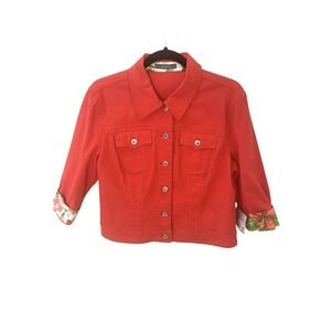 NWT Liz Claiborne Denim Jacket Womens Petite-Large - Red - Floral Cuffs & TRIM